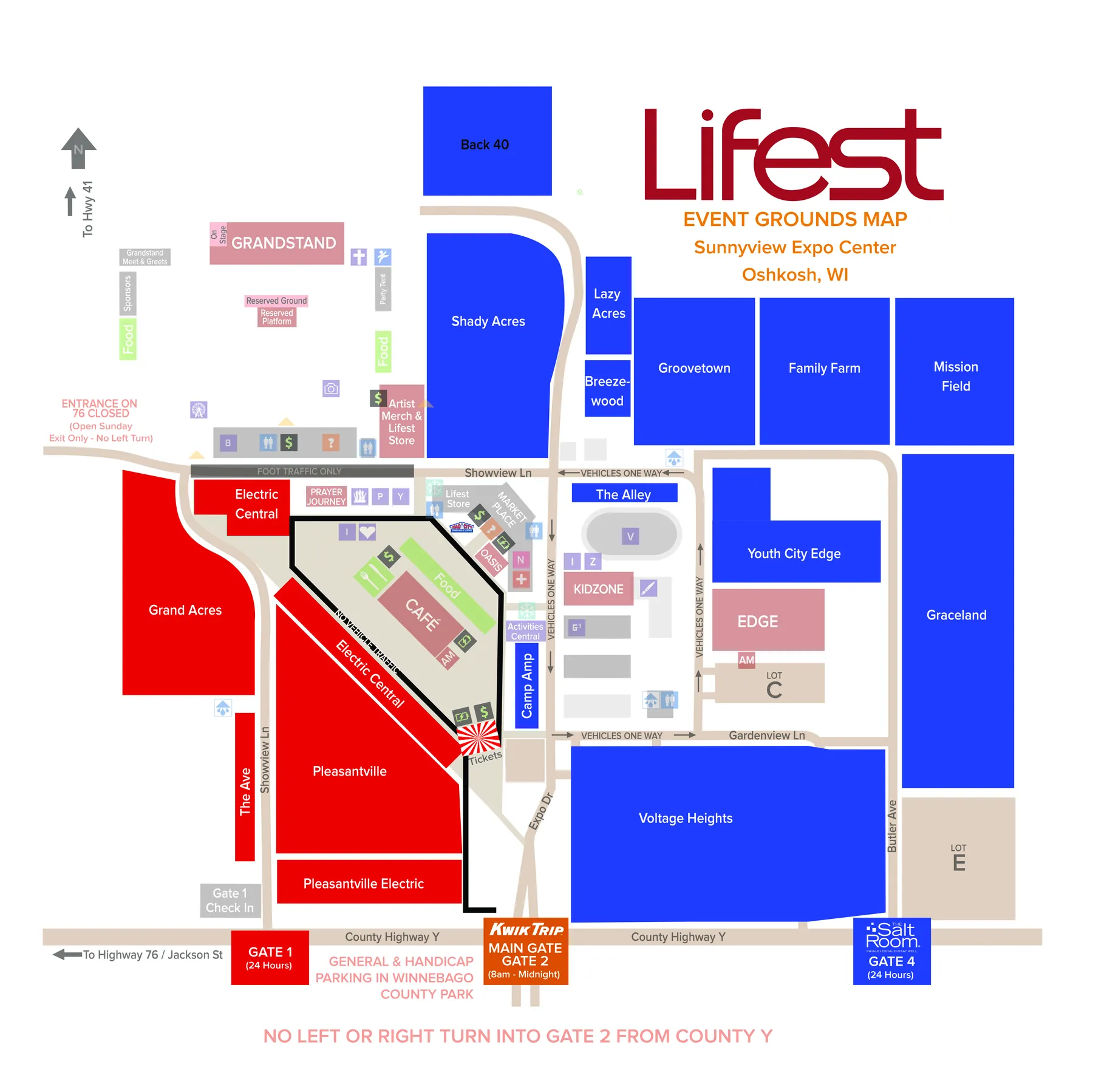 Camping entrance map: red camping villages use Gate 1 and blue villages use Gate 4, both on County Highway Y